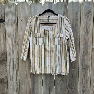 CATHY Striped Linen Top Blouse with zipper and pockets size Large